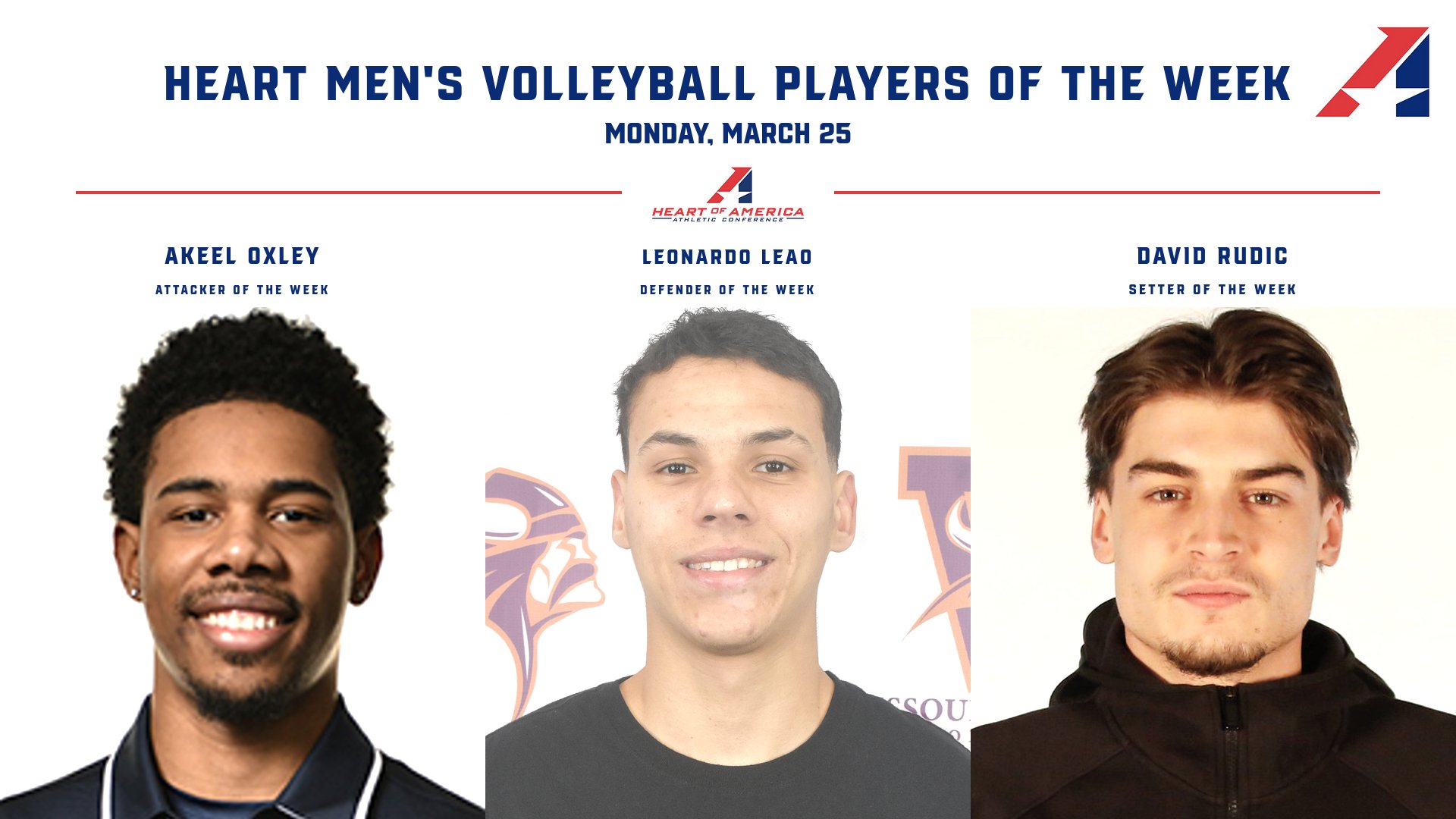 Oxley, Leao, Rudic Selected Heart Men’s Volleyball Players of the Week