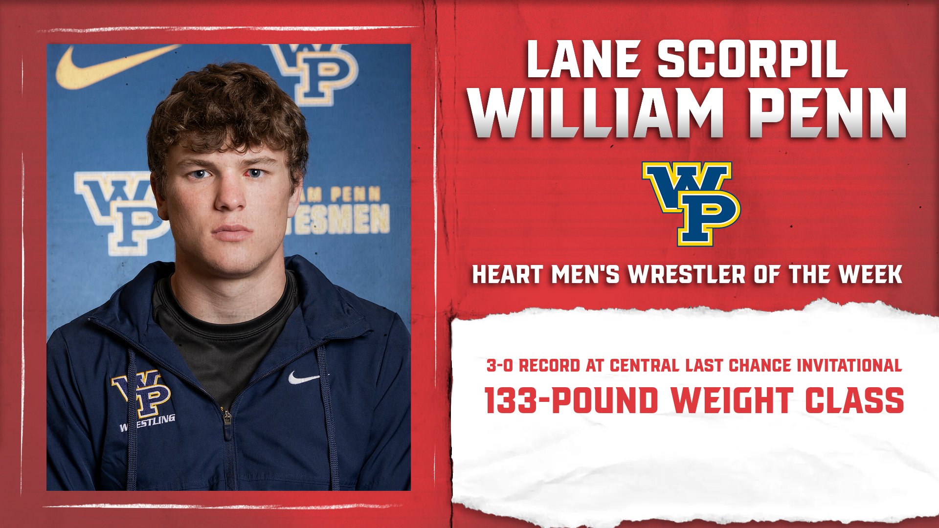 Lane Scorpil of William Penn Garners Heart Men’s Wrestler of the Week