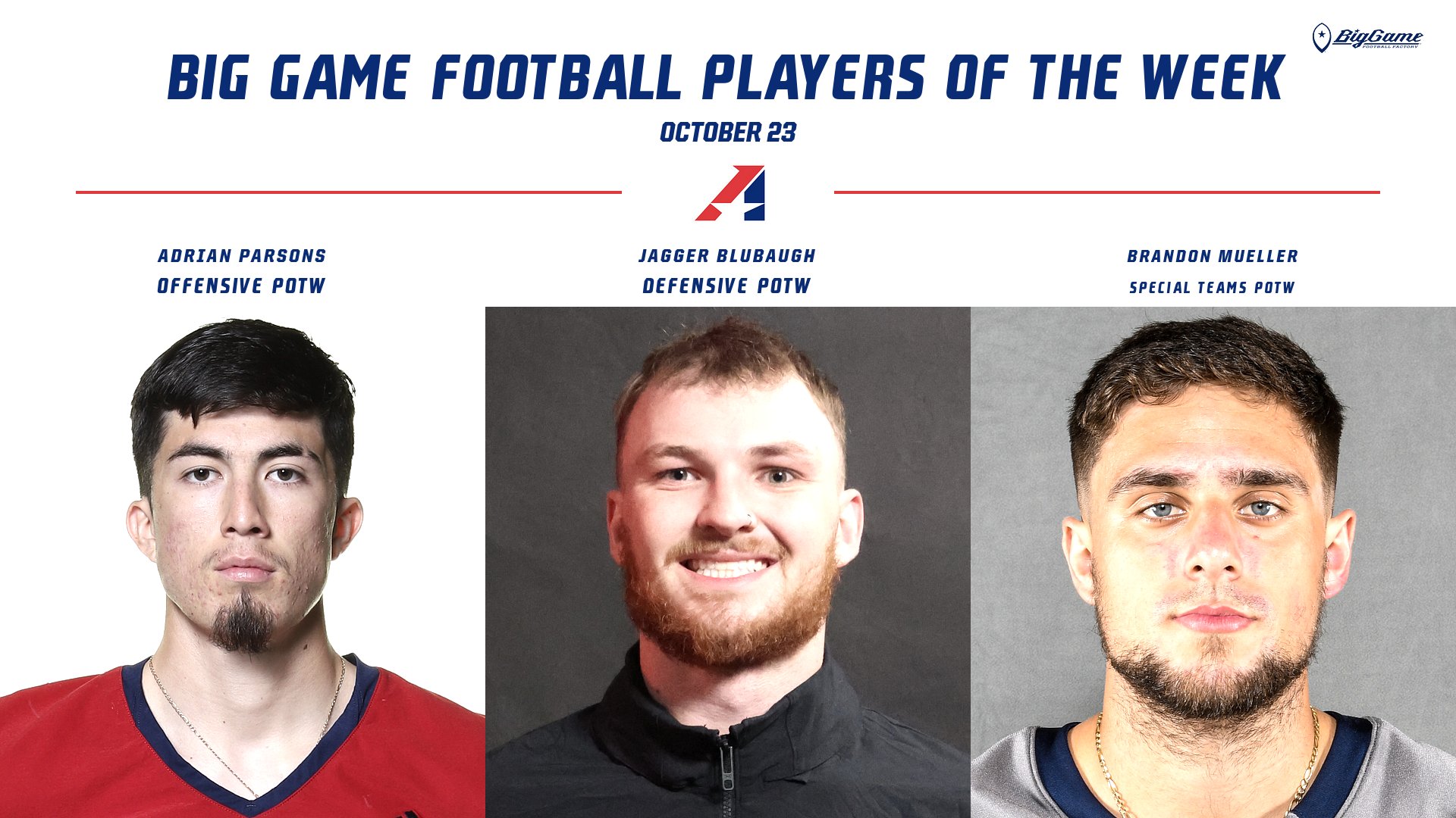 Parsons, Blubaugh, Mueller Earn Big Game Football Player of the Week Honors