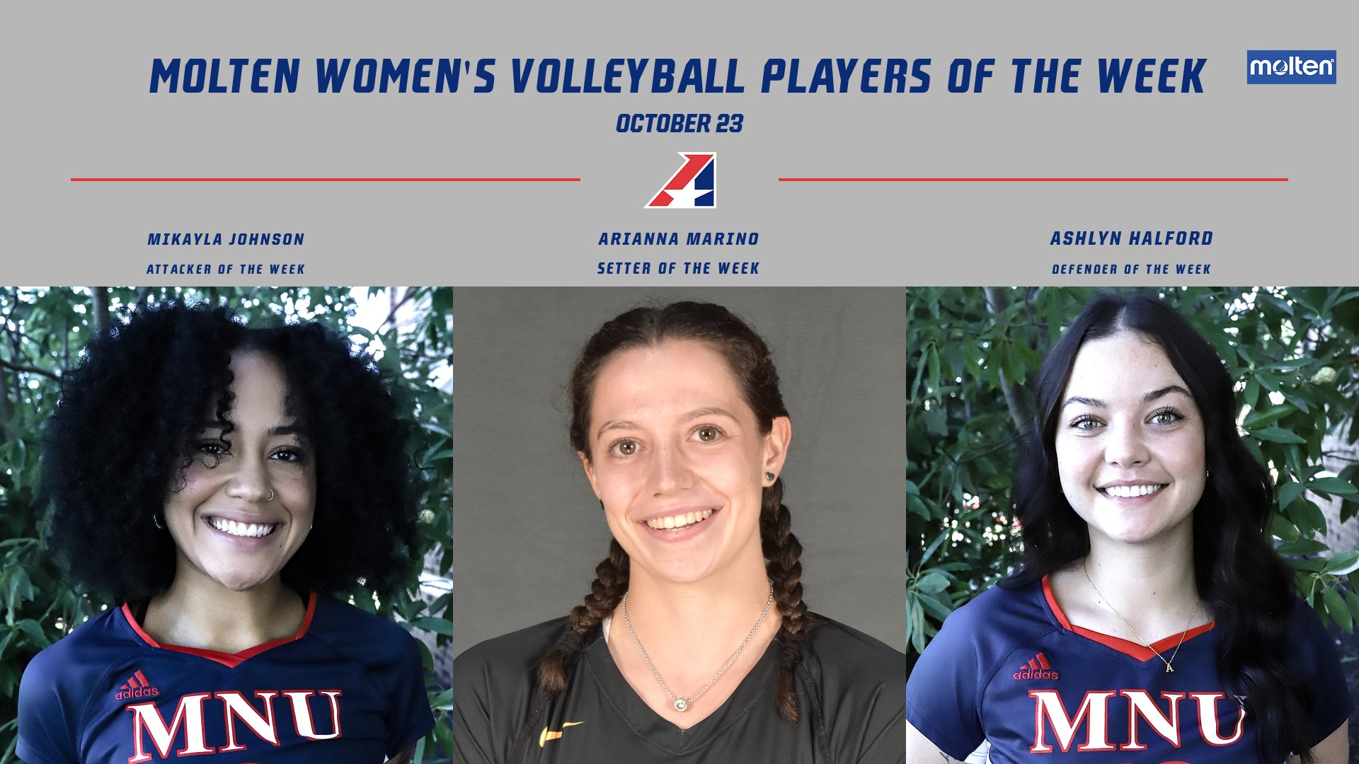 Johnson, Halford, Marino Selected Molten Women’s Volleyball Player of the Week Awards