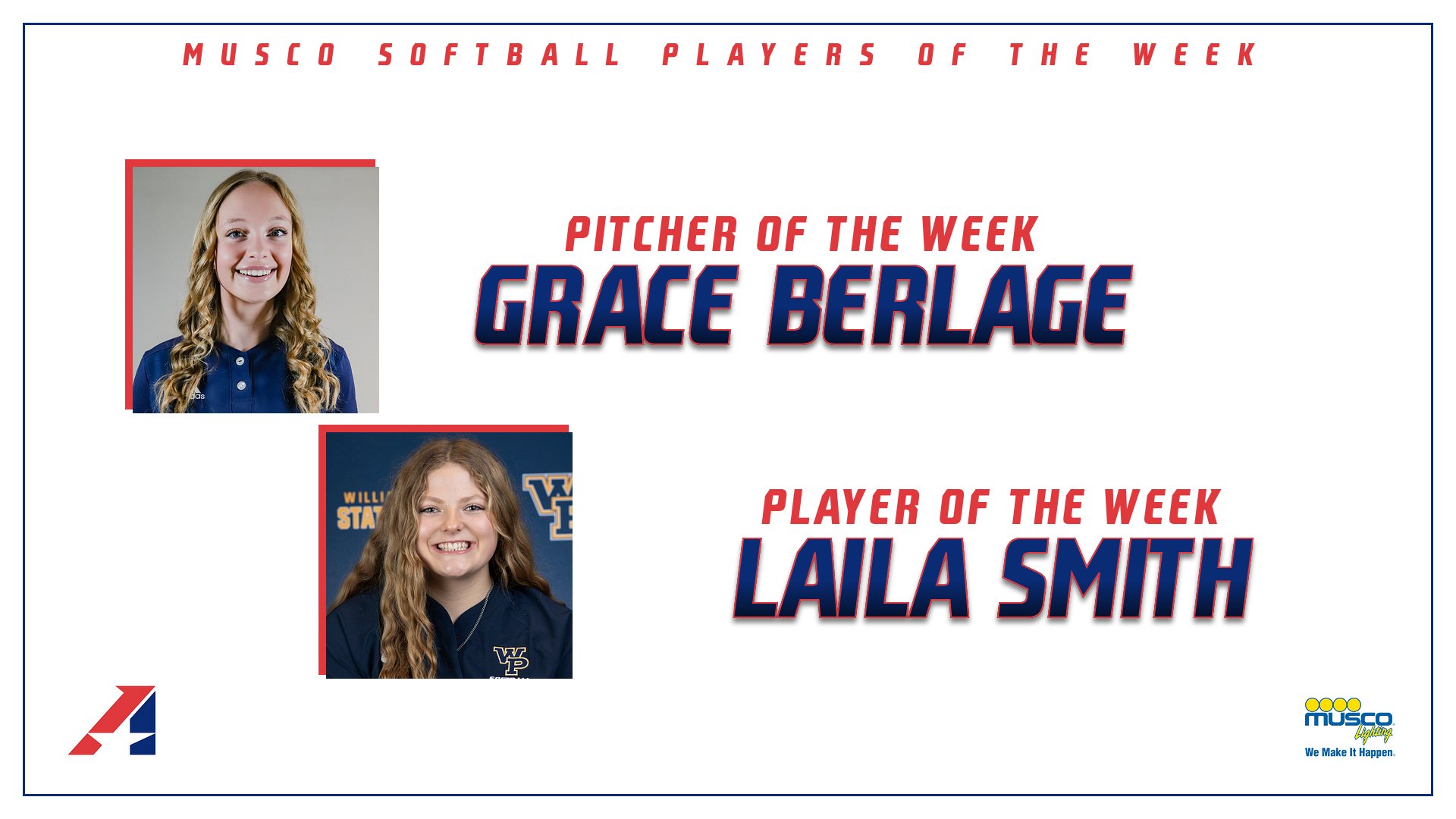Berlage, Smith Capture Musco Softball Pitcher and Player of the Week Awards