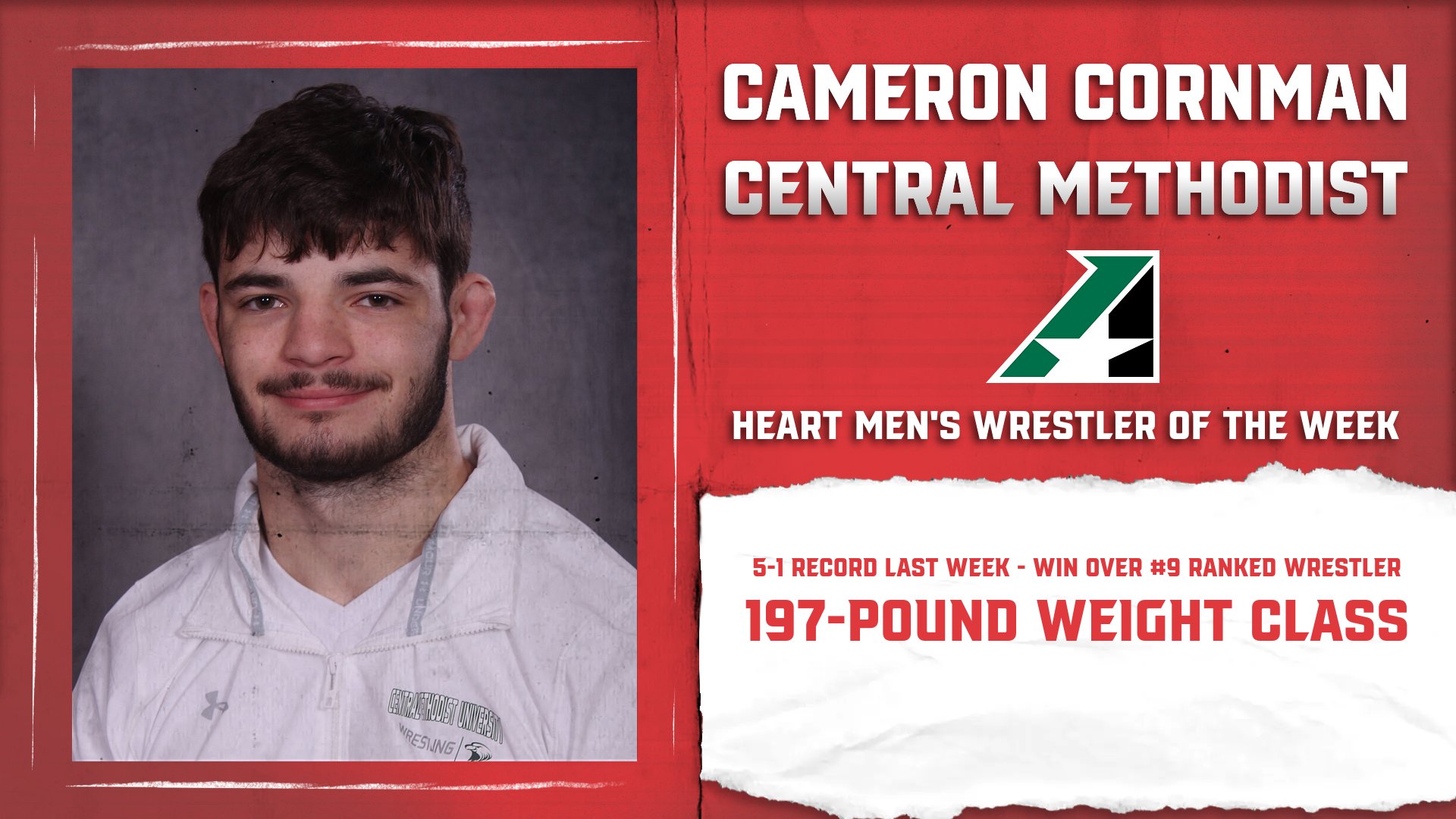 No. 20 ranked Cameron Cornman Selected Heart Men’s Wrestler of the Week