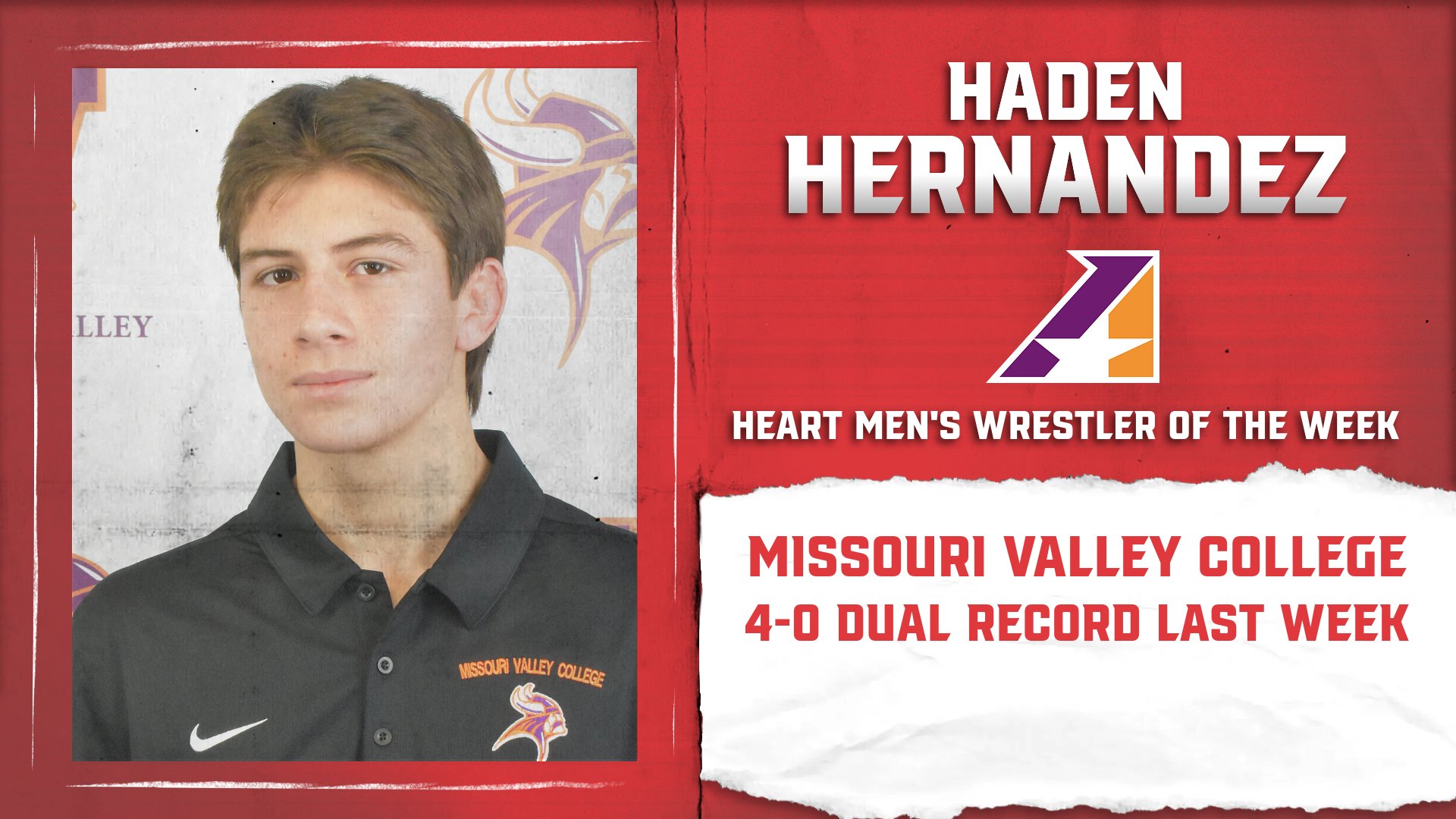 Missouri Valley’s Haden Hernandez Earns Heart Men’s Wrestler of the Week Honors