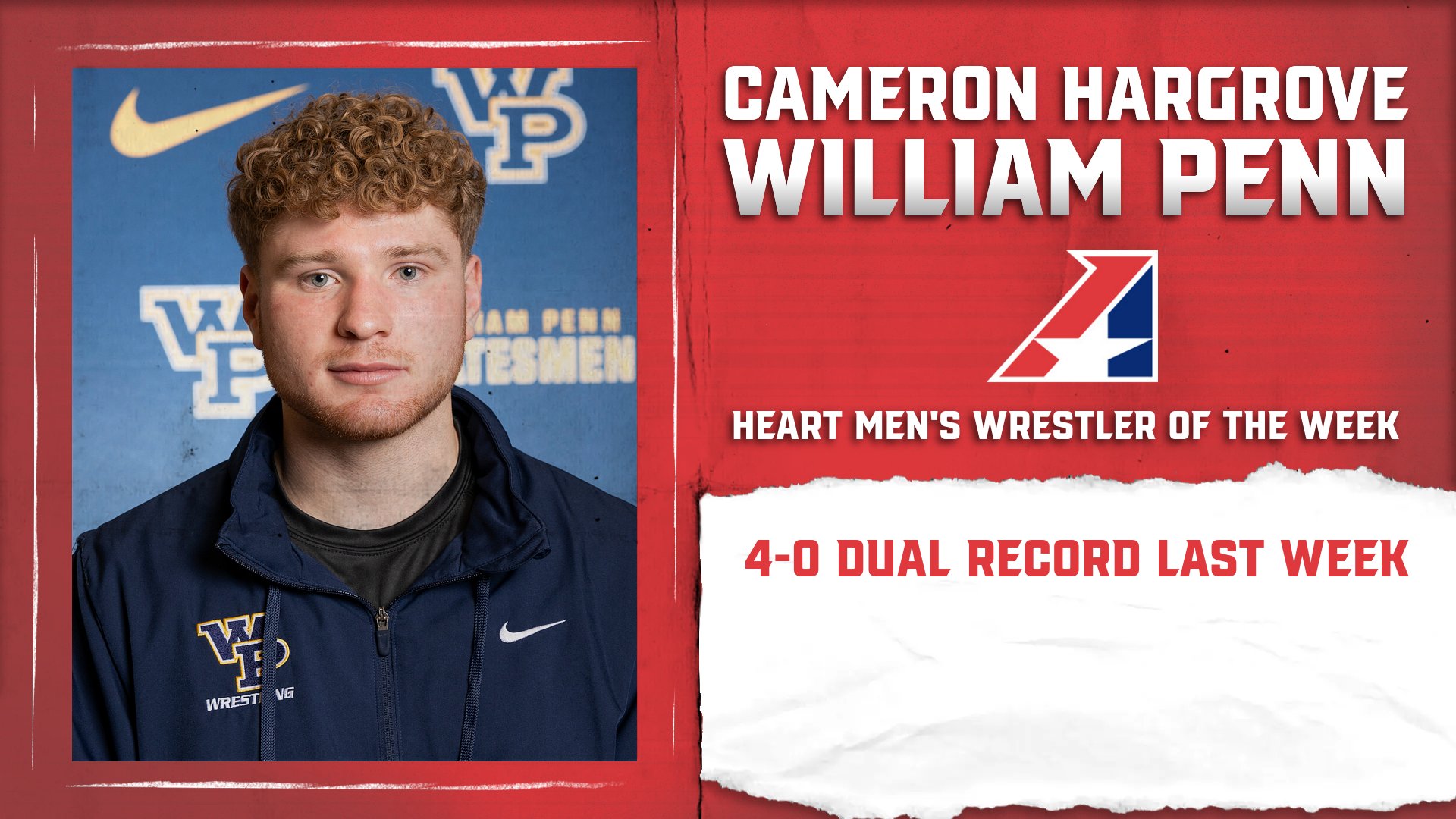 Cameron Hargrove of William Penn University Earns Heart Men’s Wrestler of the Week