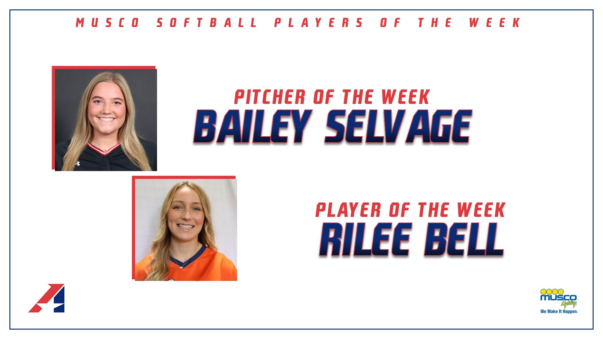 Bell, Selvage Earn Musco Softball Player and Pitcher of the Week Awards