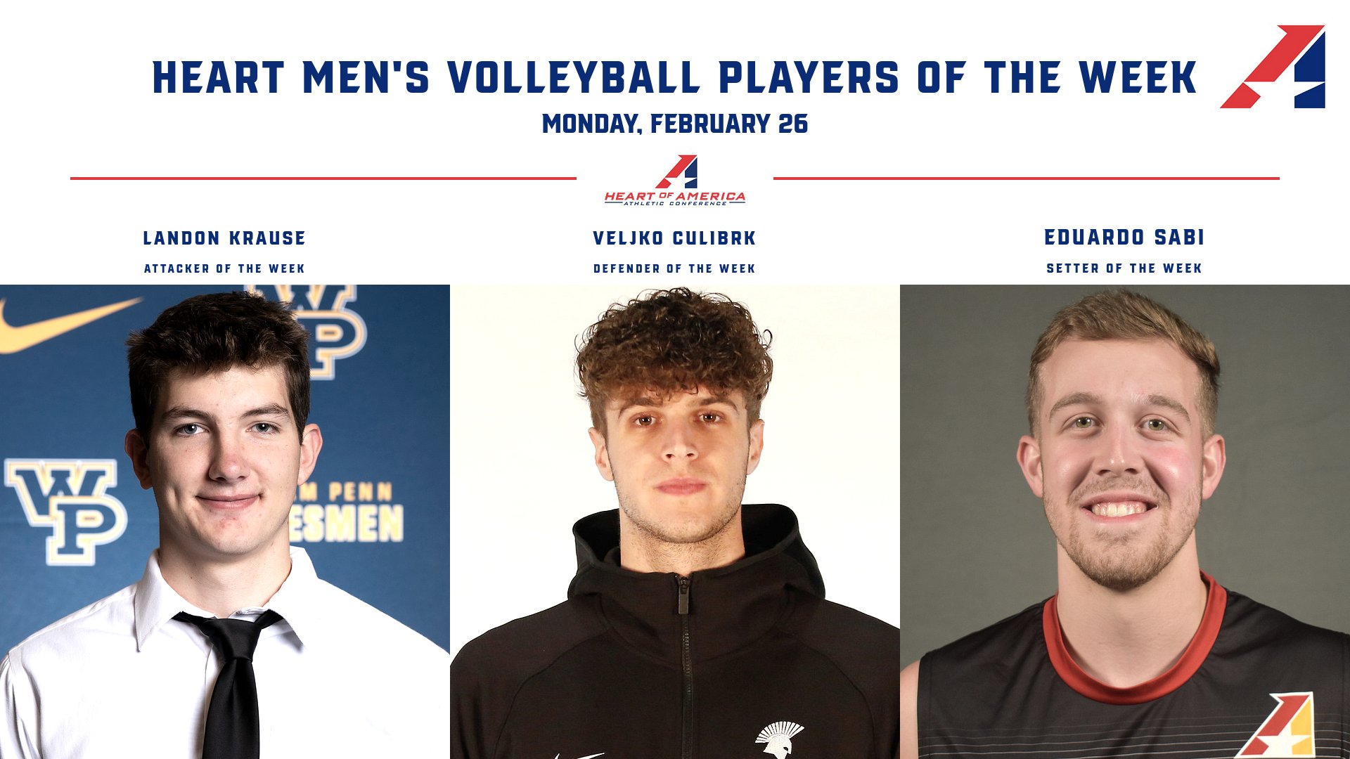 Krause, Culibrk, Sabi Garner Heart Men’s Volleyball Player of the Week Awards