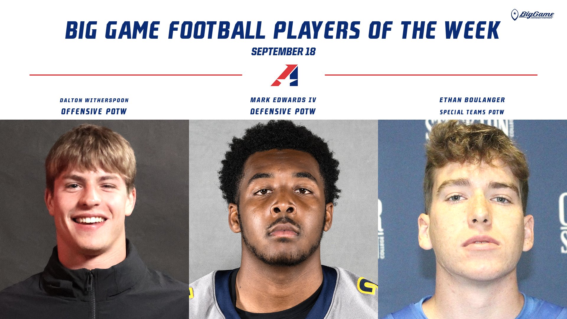 Three First Time Winners in 2023 Highlight Big Game Football Players of the Week